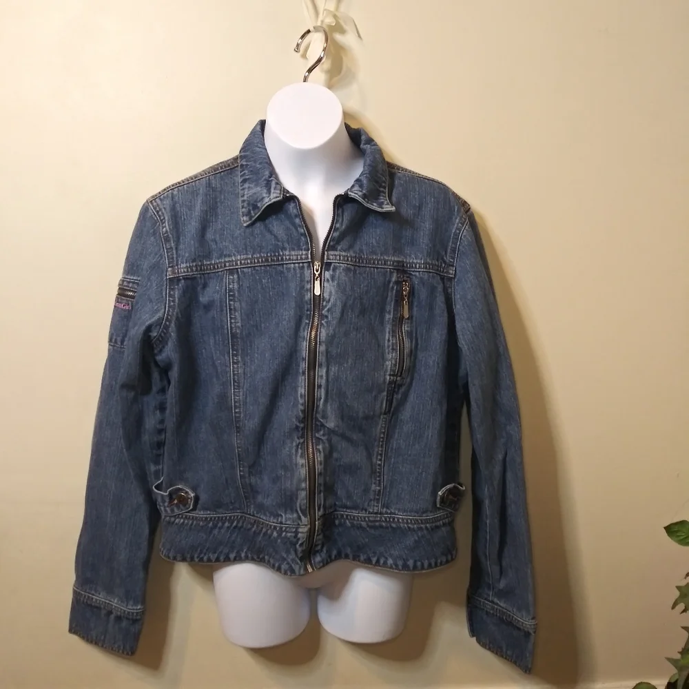 American Girl Pink Floral Appliqued Zip Front Denim Jacket